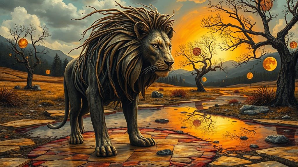 Shattered Wood Lion in Kaleidoscopic Landscape