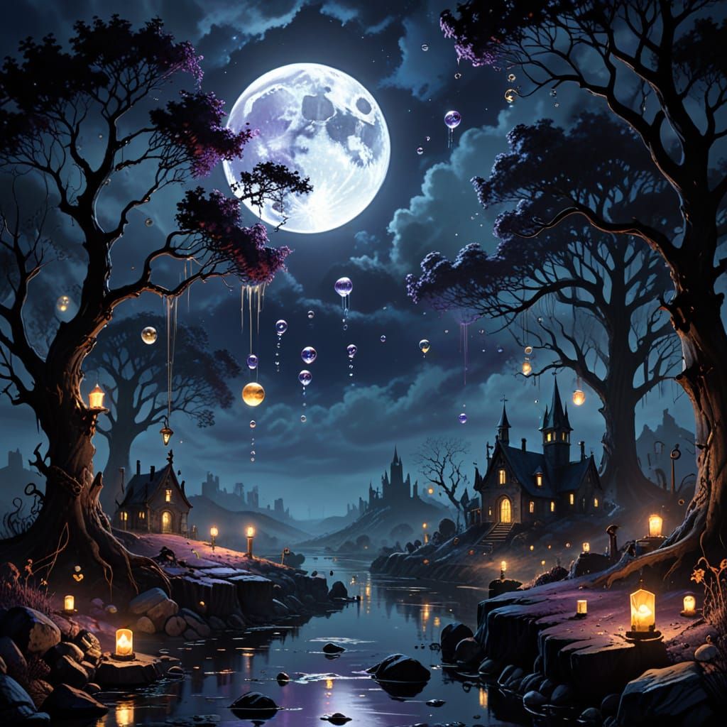 Ethereal Bubbles Float in Dark Fantasy Landscape