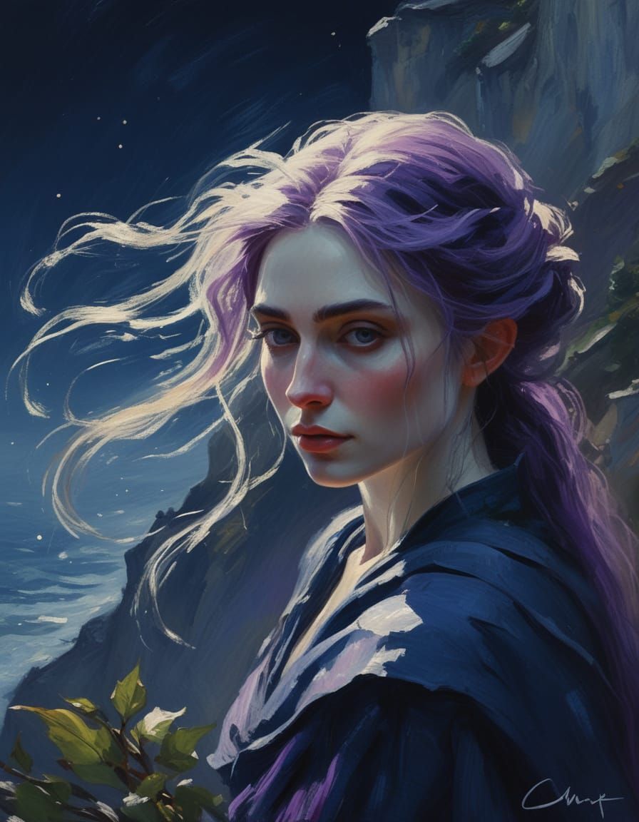 Elf Woman on Cliff at Night, Impressionist Painting