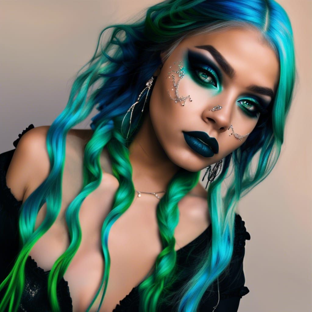 Ethereal young lady with iridescent blue hair with Green highlights& green eyes& sliver eyeshadow with blue eyeliner& Bl...