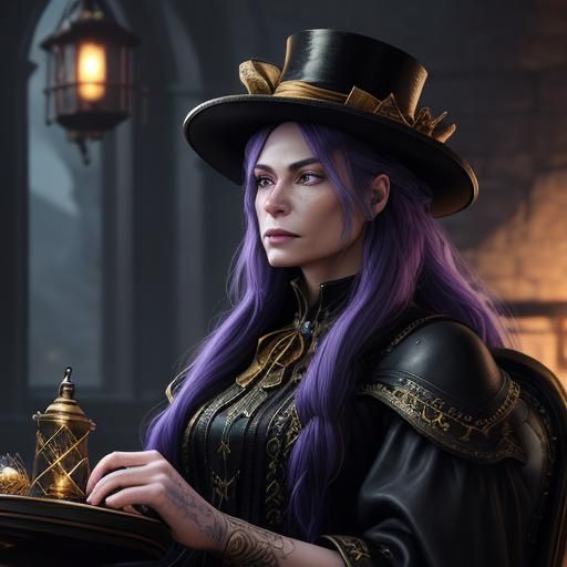 Woman Sewing Leather Top Hat, Fantasy Concept Art