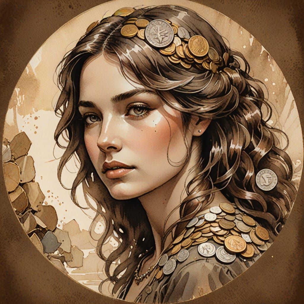 Woman Emerging from Coins Storybook Illustration