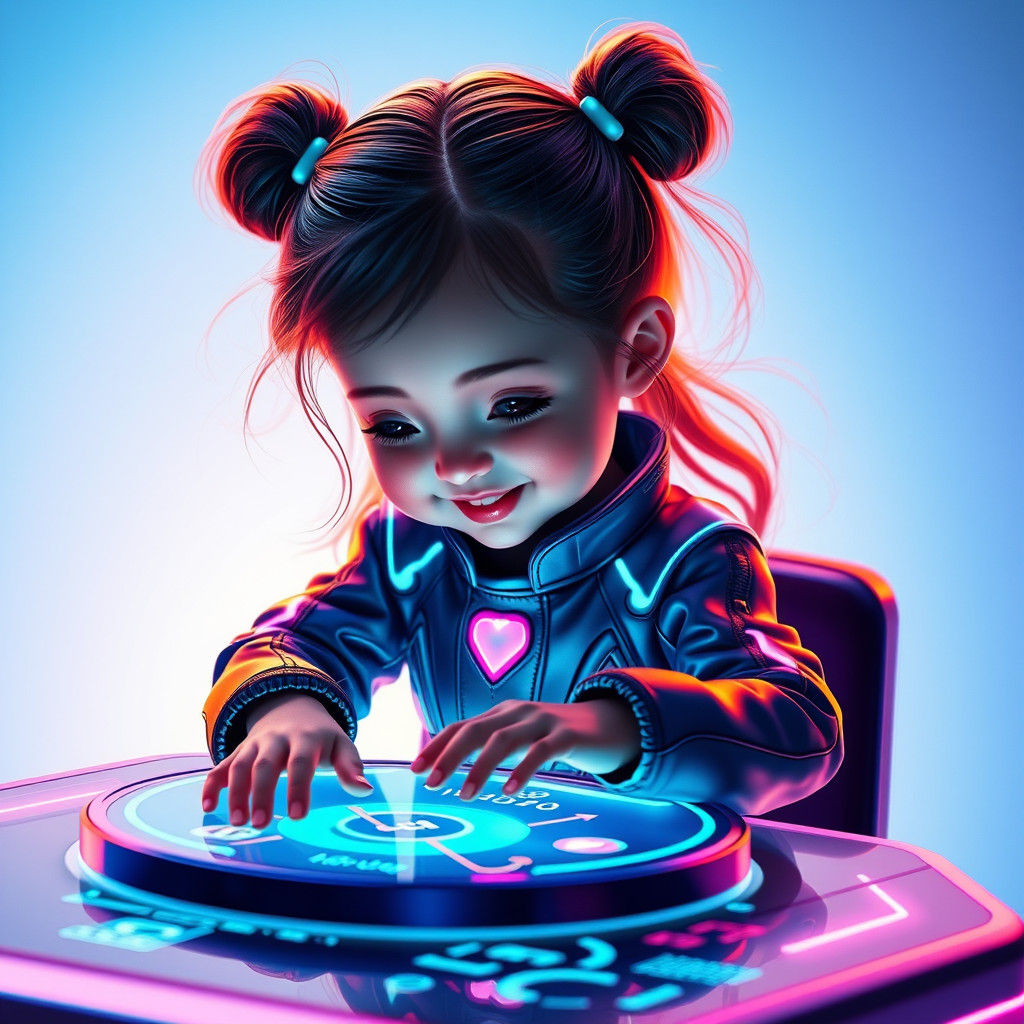 Girl Plays with Holographic Toy in Futuristic Room
