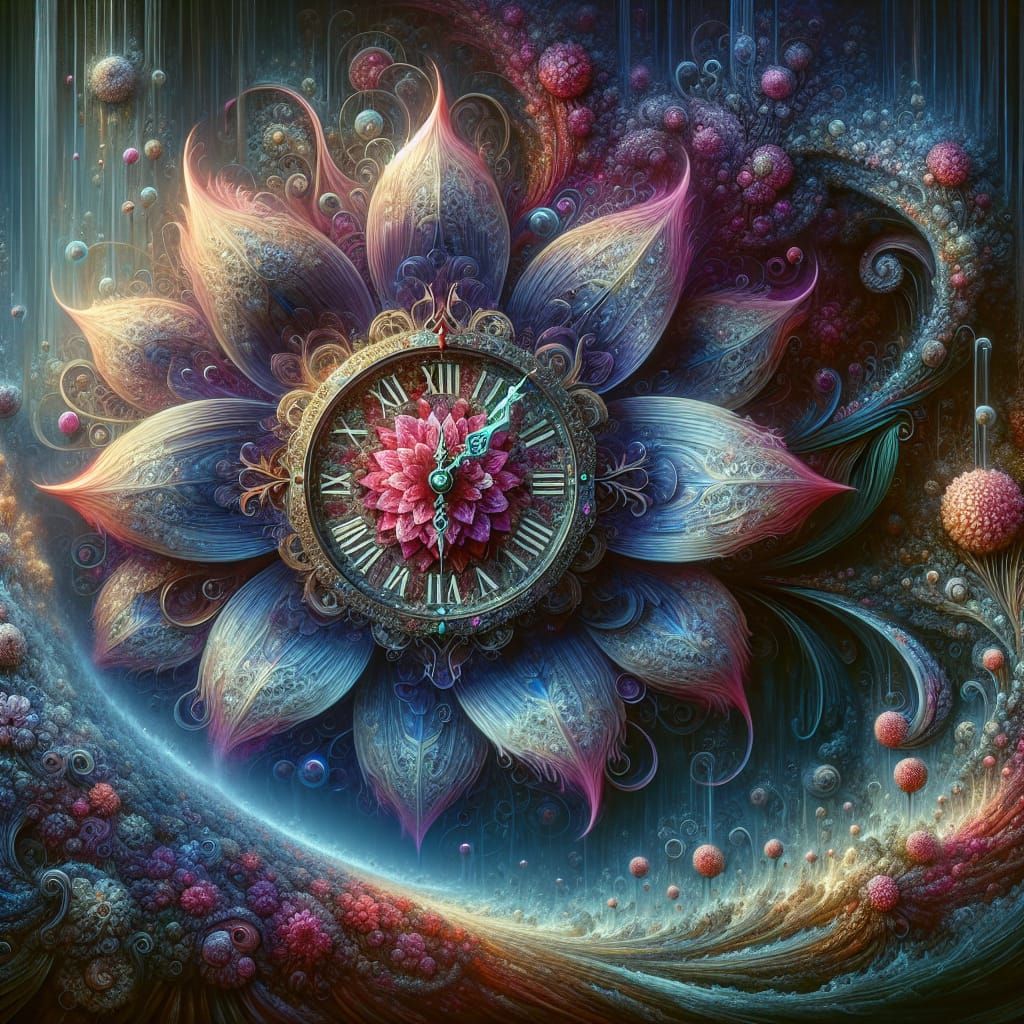 Fantastical Flower Clock in Detailed Matte Painting
