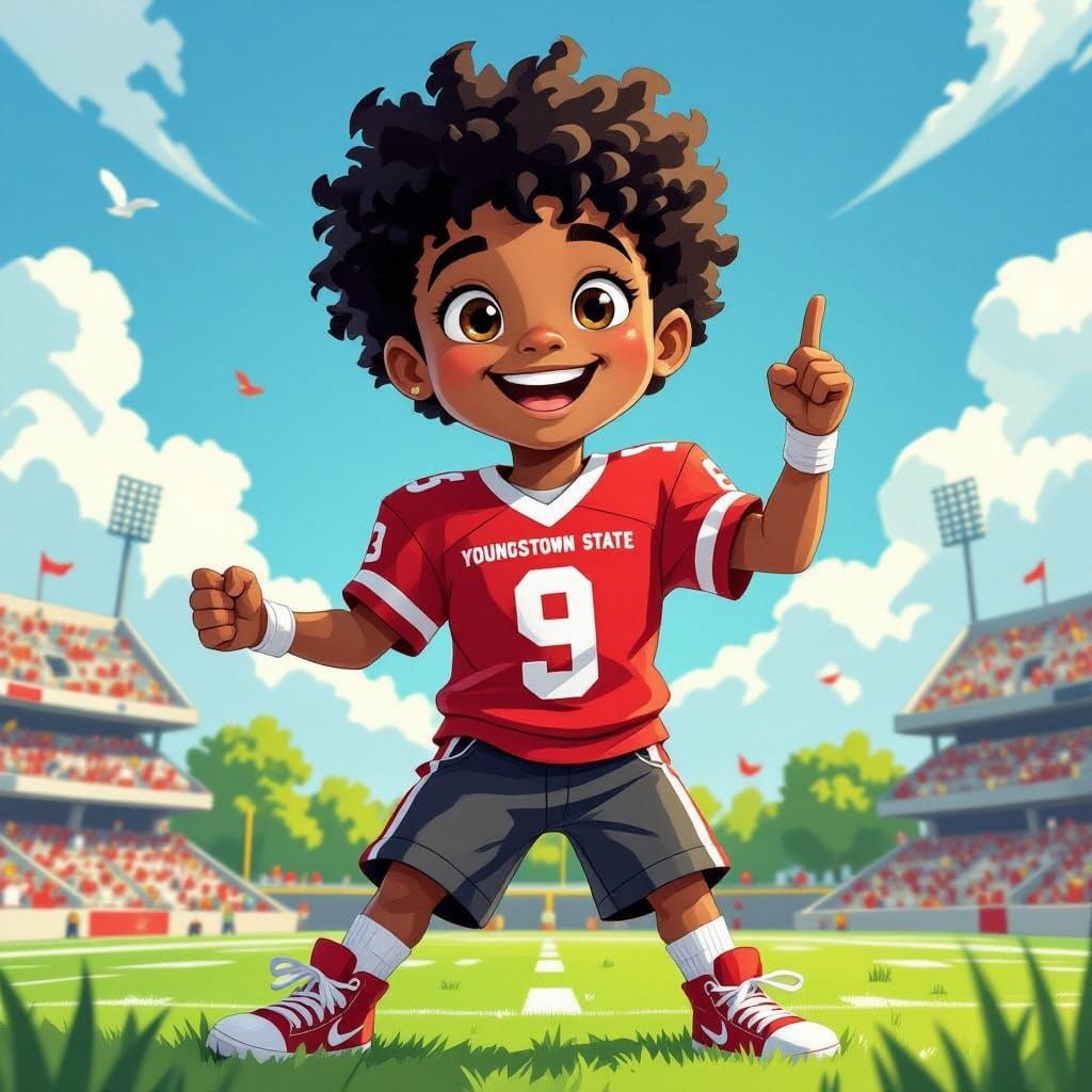 12-year-old Black boy with short curly black hair and bright hazel eyes, wearing an red and white youngstown state footb...