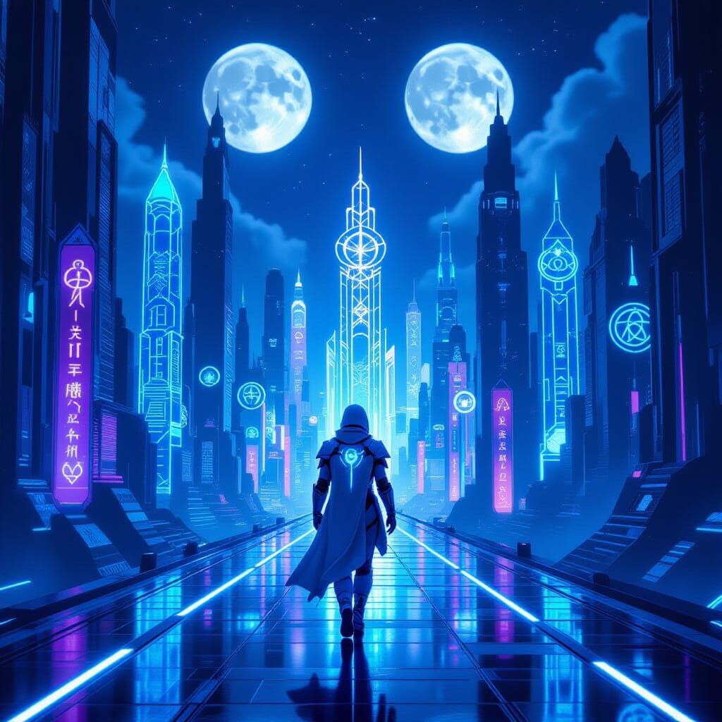 Futuristic Figure in Neon Cityscape with Mystic Glyphs