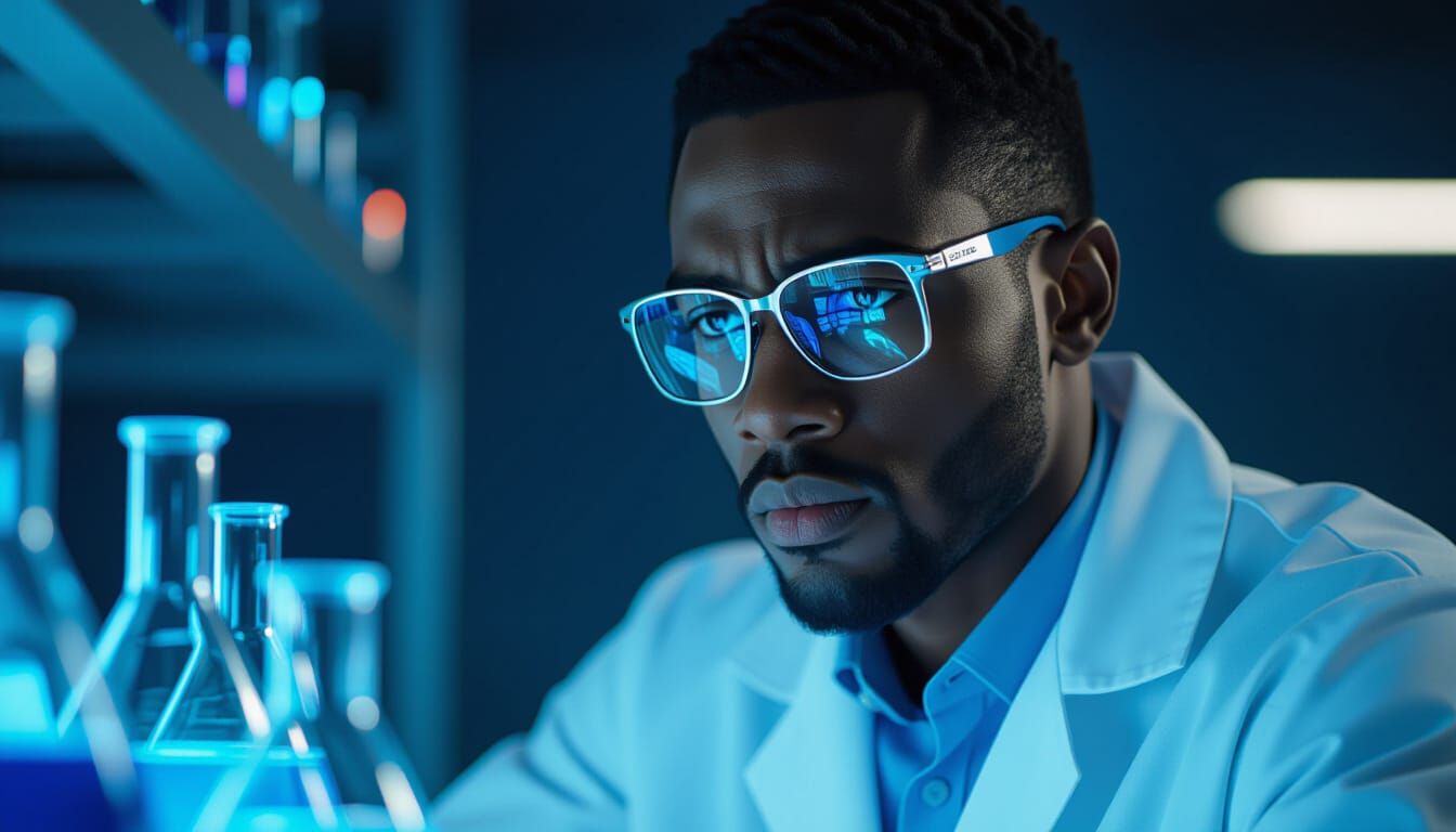 African Scientist in Lab with Intense Expression