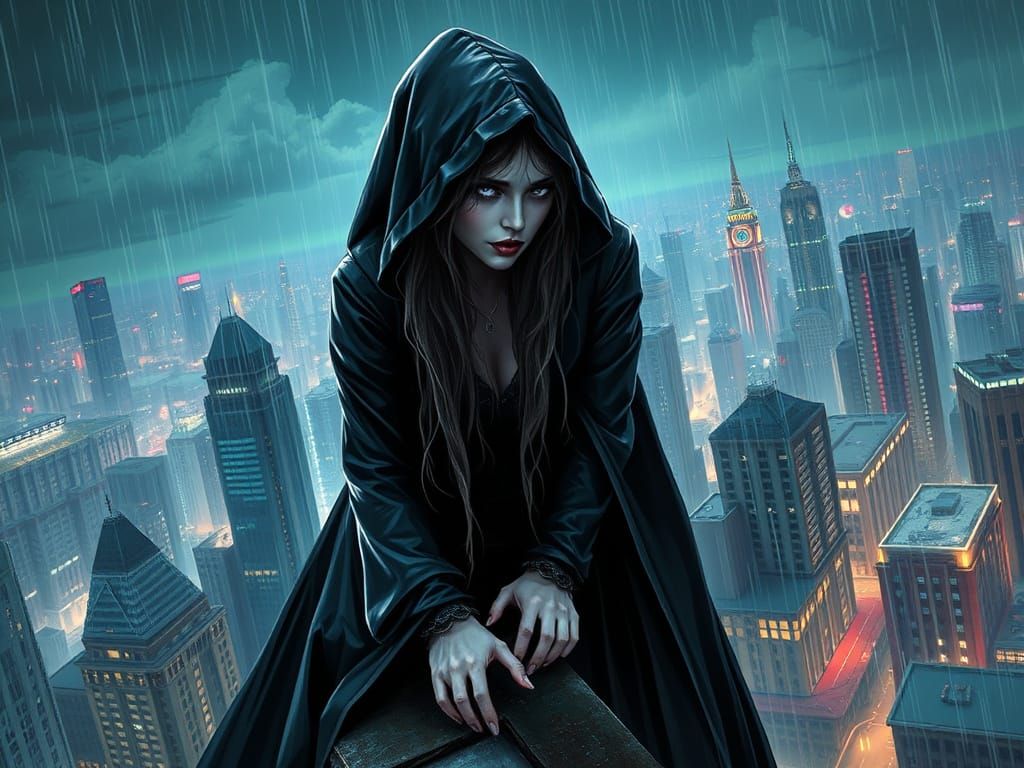 Cyberpunk Vampire Goddess in Latex Cloak, Hyperrealistic Art