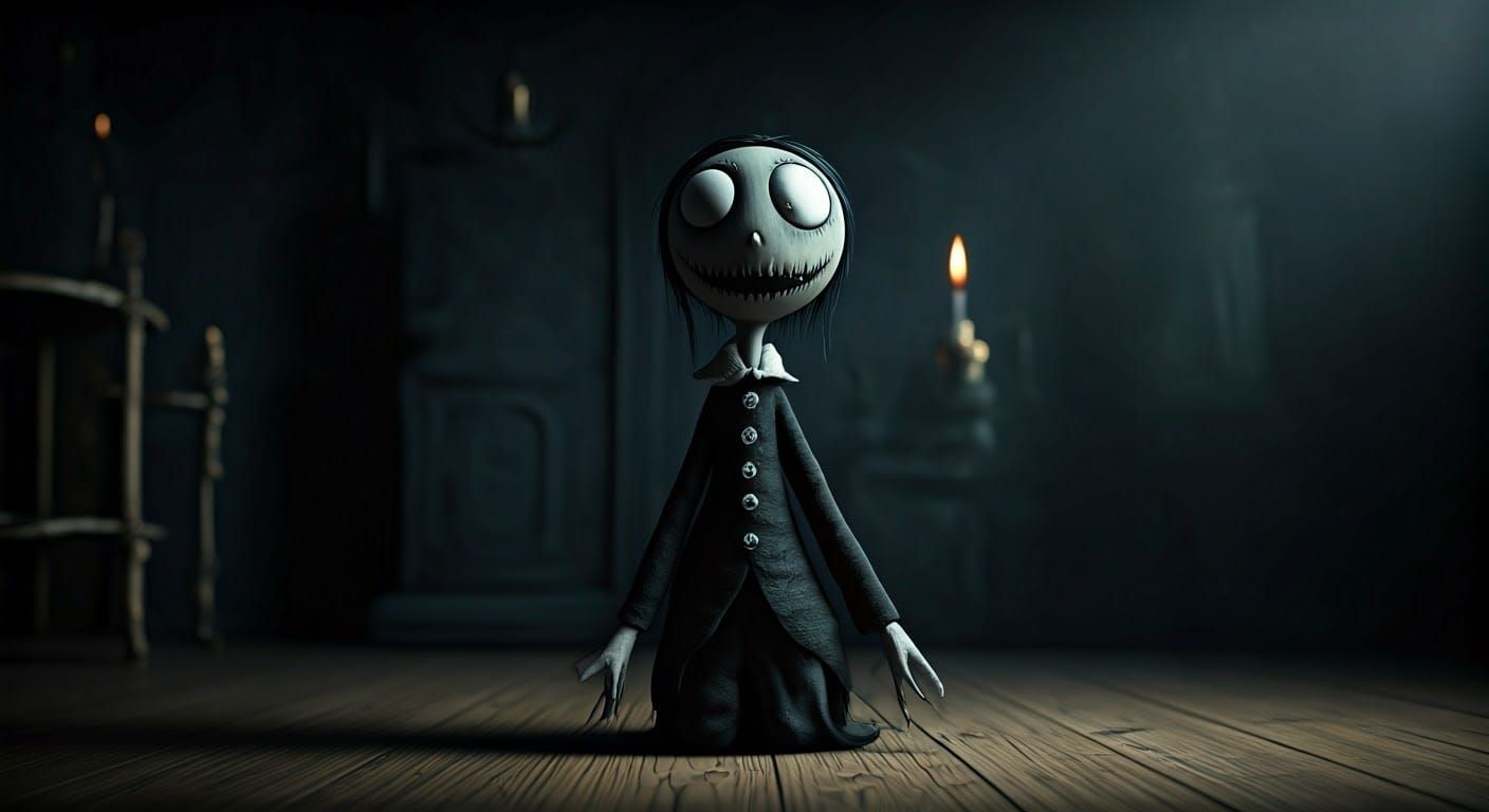 Ethereal Horror Figure Emerges in a Surreal, Dimly Lit Realm