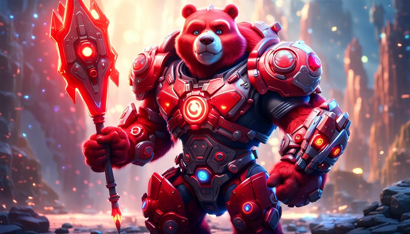 care bear with cyborg muscles, red  glowing spear , bright b...
