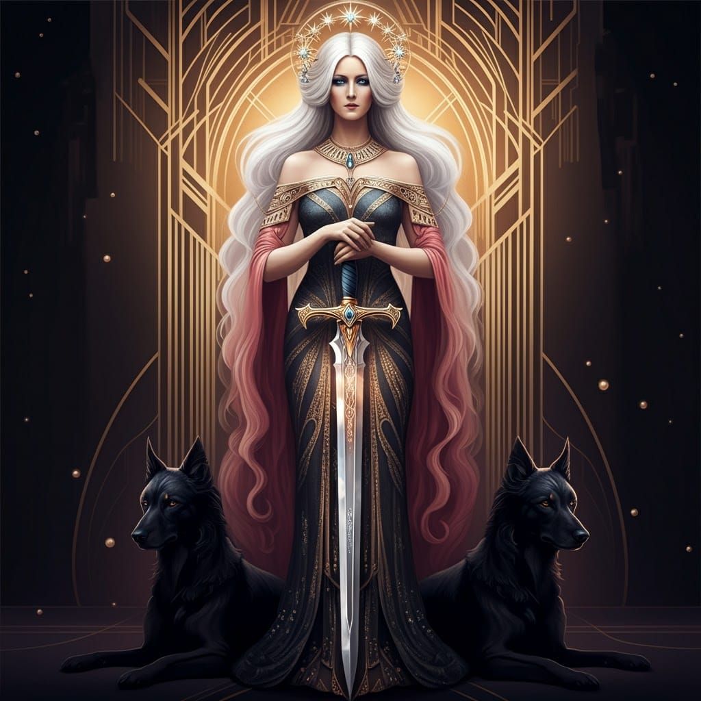 Art Deco Goddess Vivian with Dogs and Sword