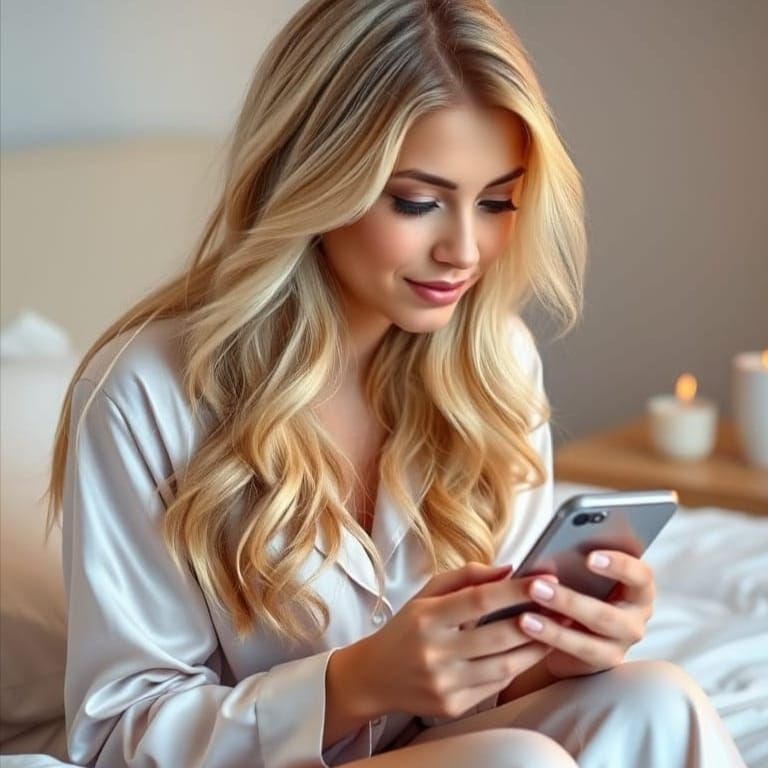 Young Woman Relaxing in Bed with Coffee and Phone
