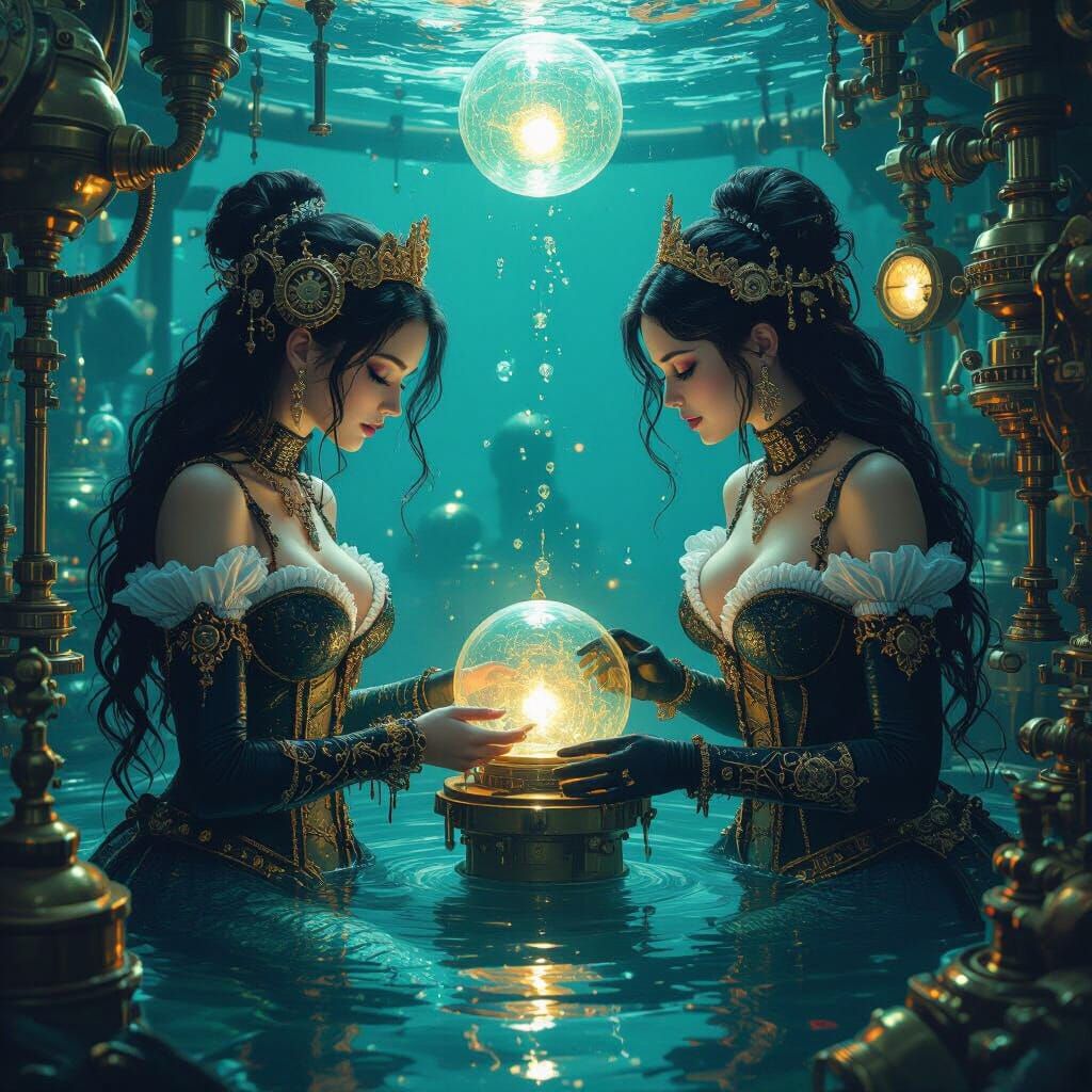 Steampunk Mermaids in Underwater Laboratory, Fantasy Oil Pai...