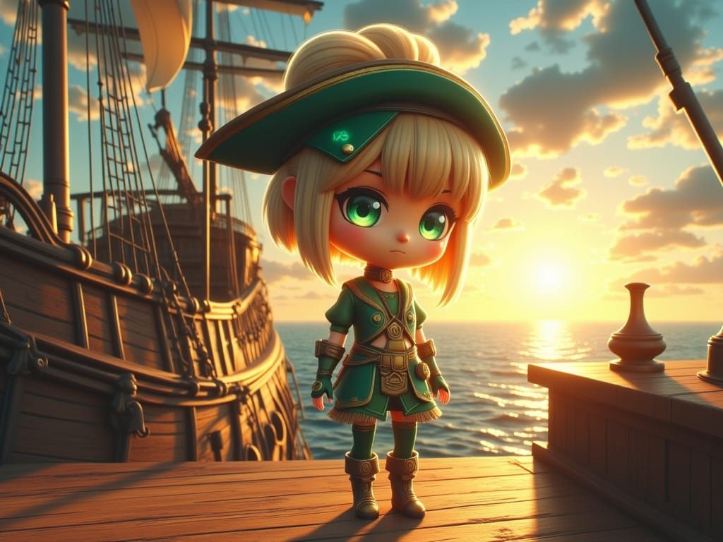 Anime Modern female Chibi Pirate, green and gold. On Pirate ...