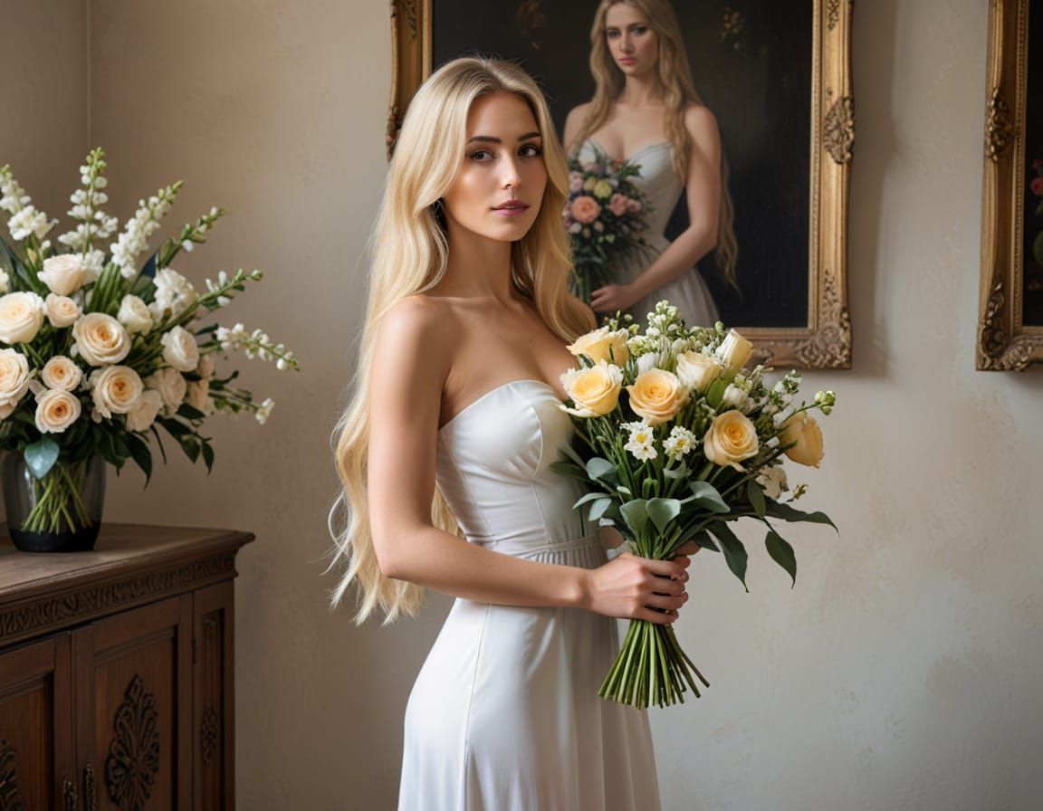 Blonde Woman Holding Bouquet with Painting