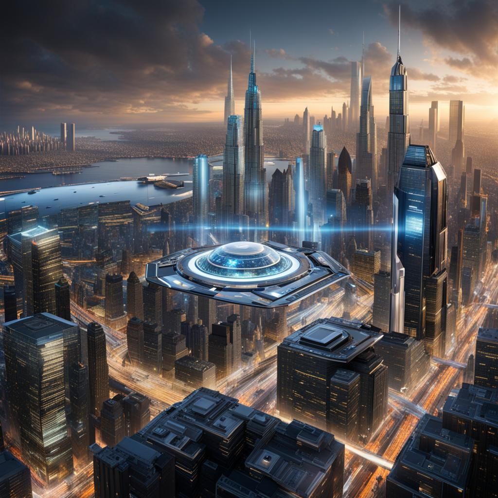 Futuristic Cityscape with Robotic Workforce in Cyberpunk Sty...