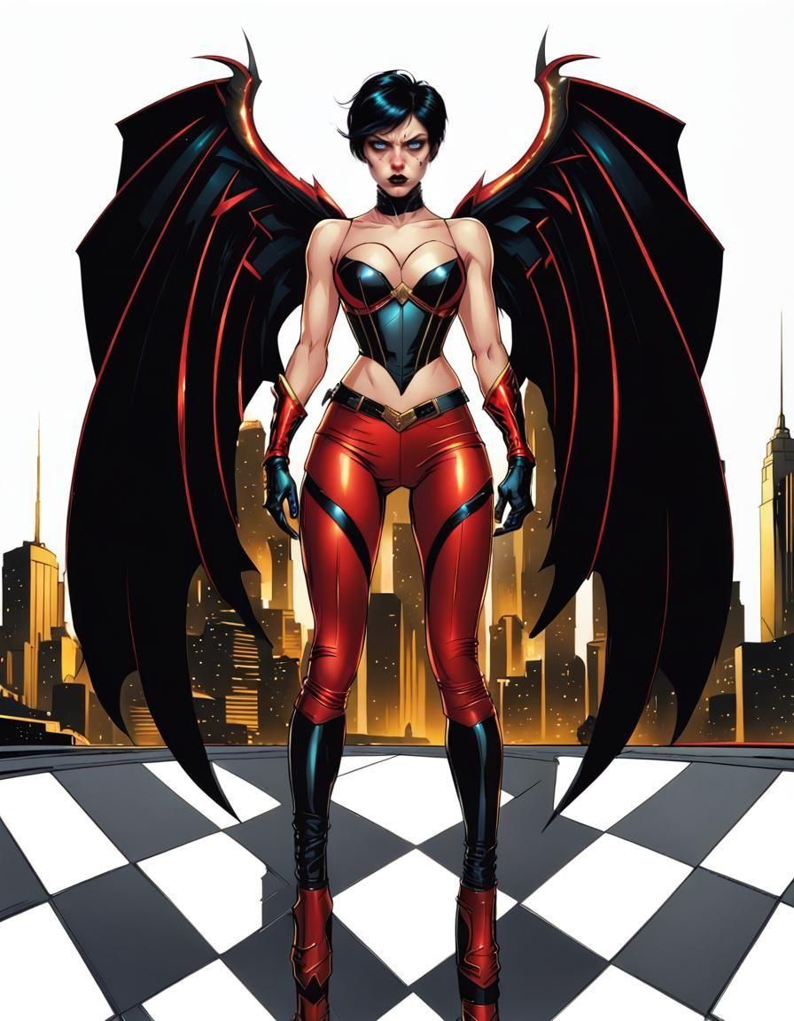 Female Supervillain with Metallic Wings, Comic Book Art