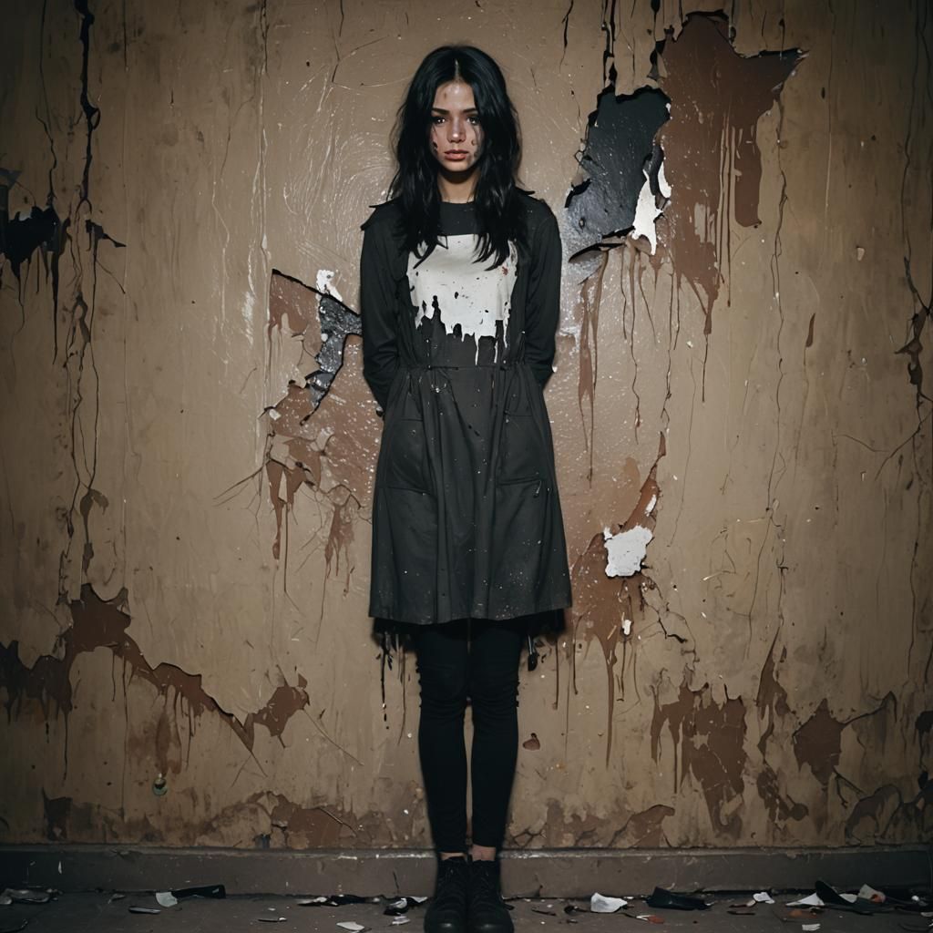 Eerie Girl Portrait in Abandoned Hallway, Cinematic Style