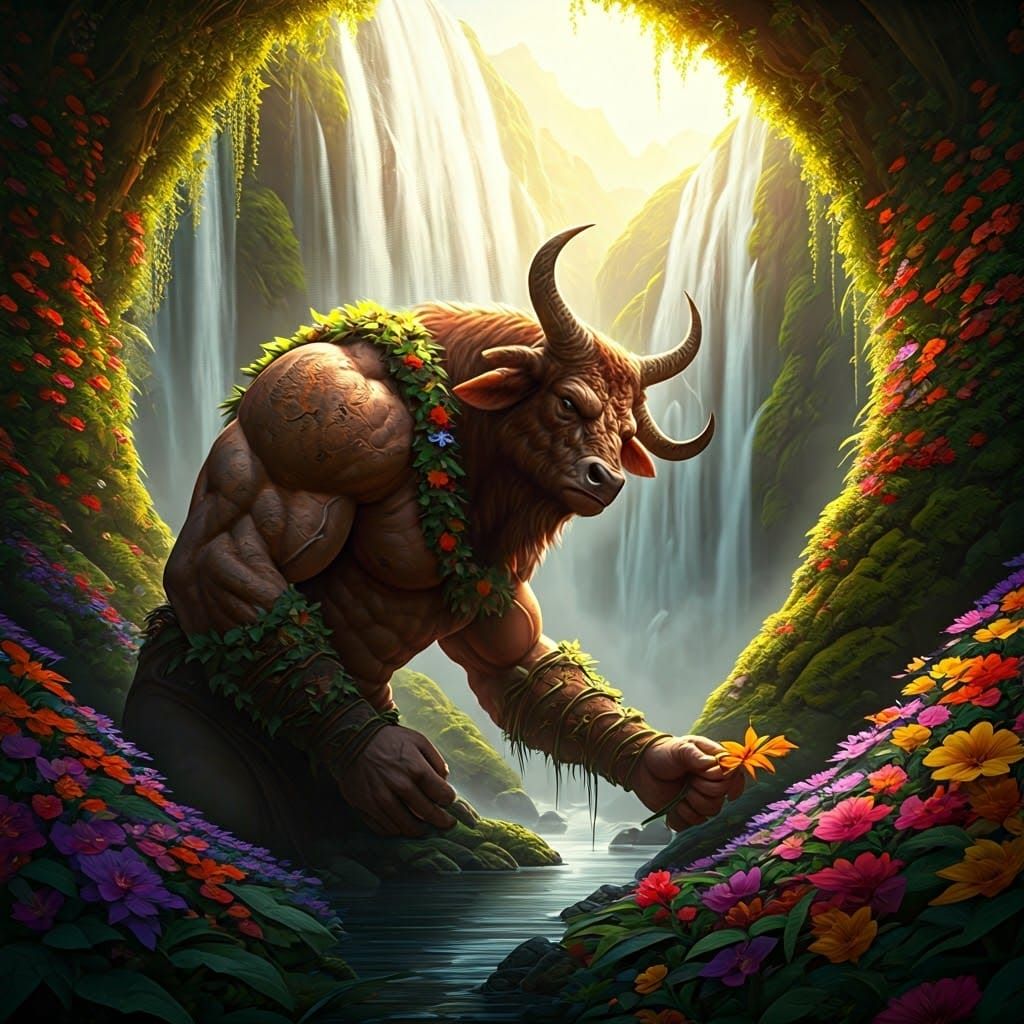 Majestic Minotaur in Vibrant Floral Paradise