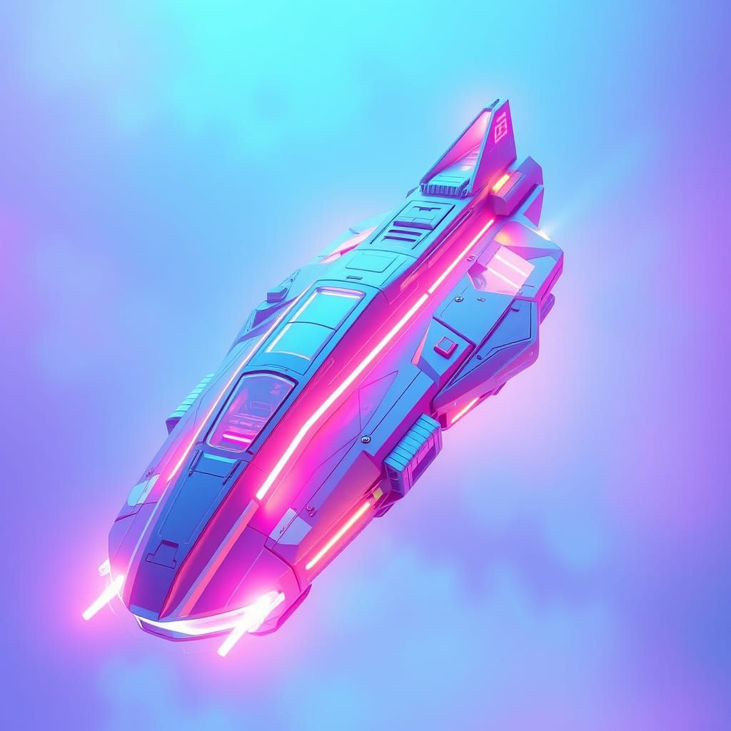 Sleek Metallic Spaceship with Neon Accents in Retro-Futurist...