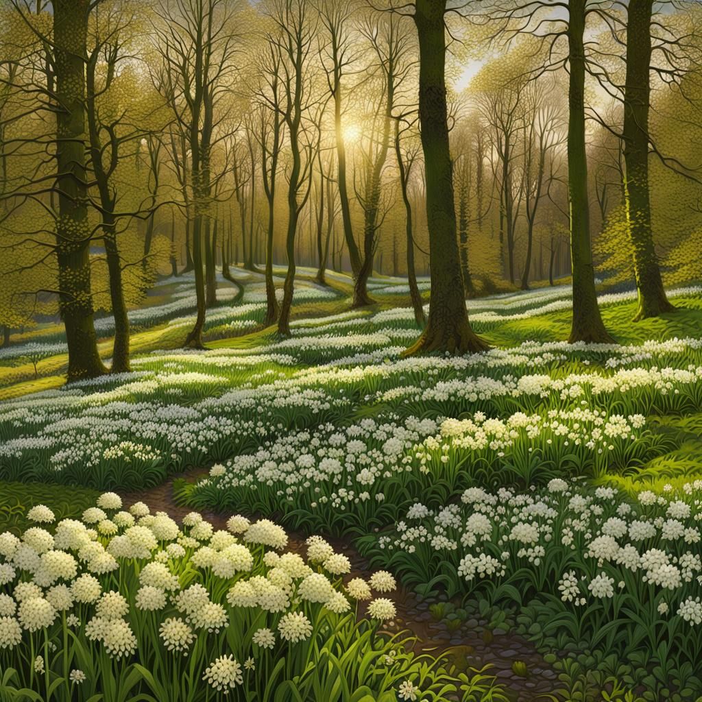 English Woodland Spring Flowers at Golden Hour