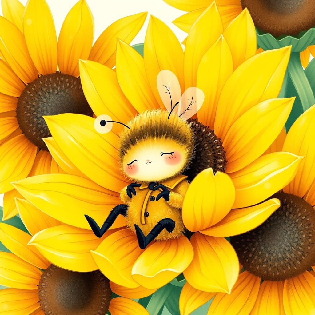 Sleepy Bee in Sunflower, Whimsical Illustration