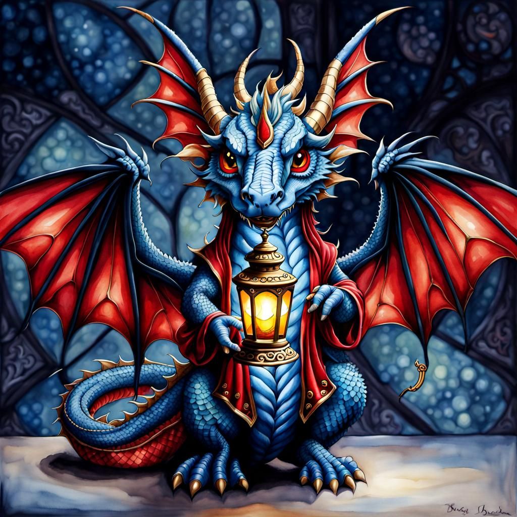 Blue Dragon Wizard with Lantern Watercolor Painting
