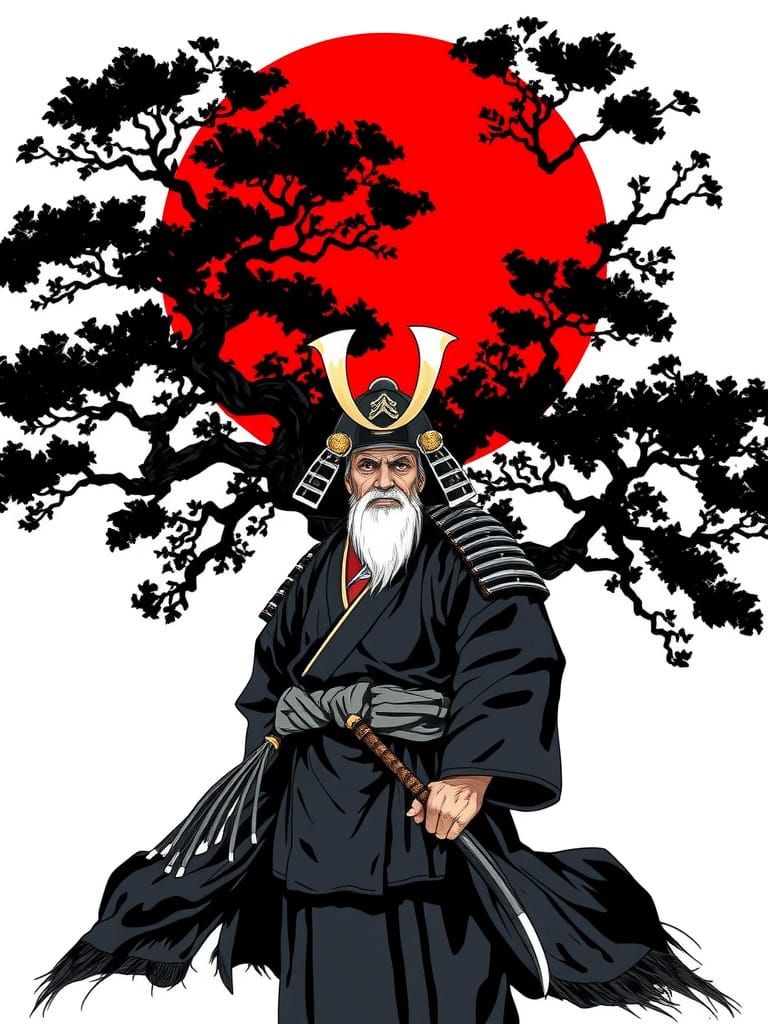 Samurai in Manga Style with Red Sun