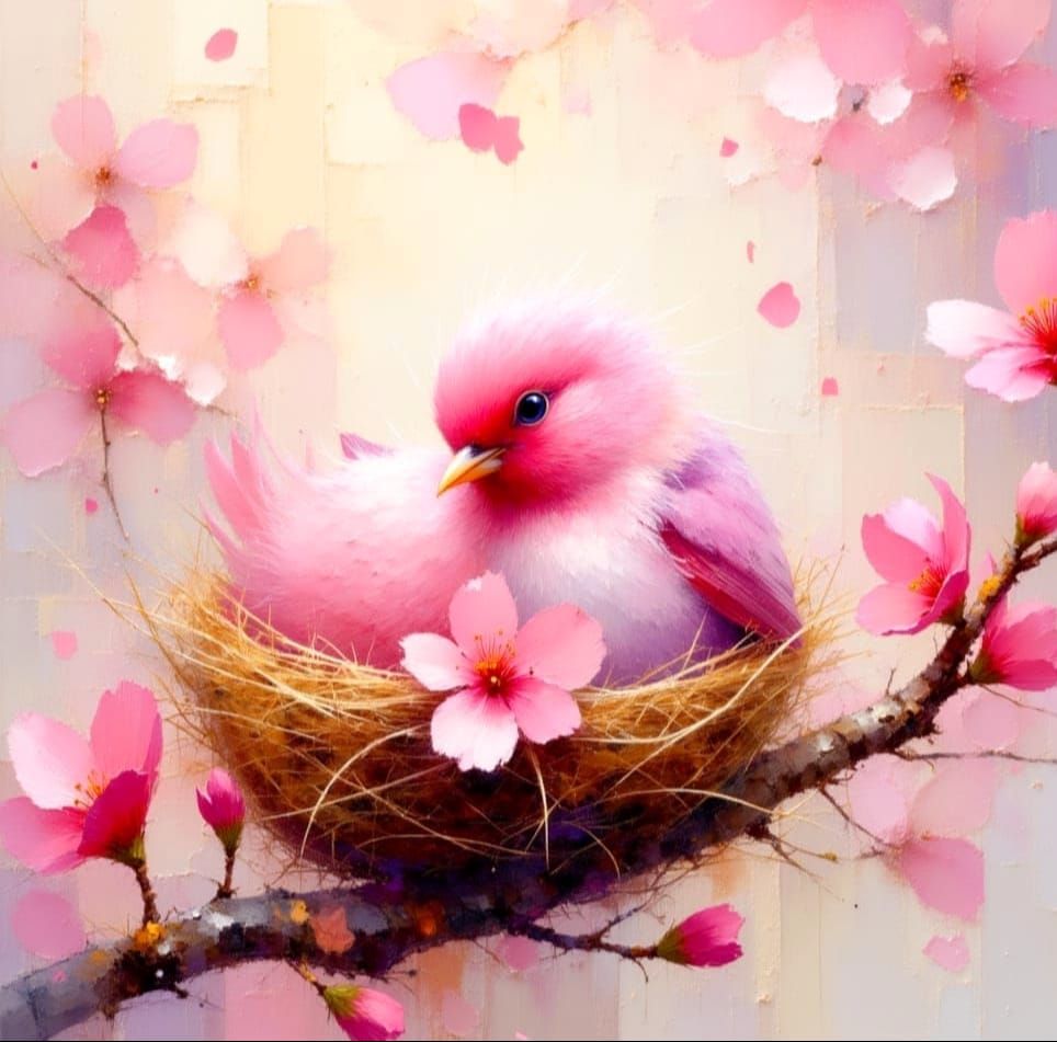 Pink Bird Snuggled in Cherry Blossoms Watercolor