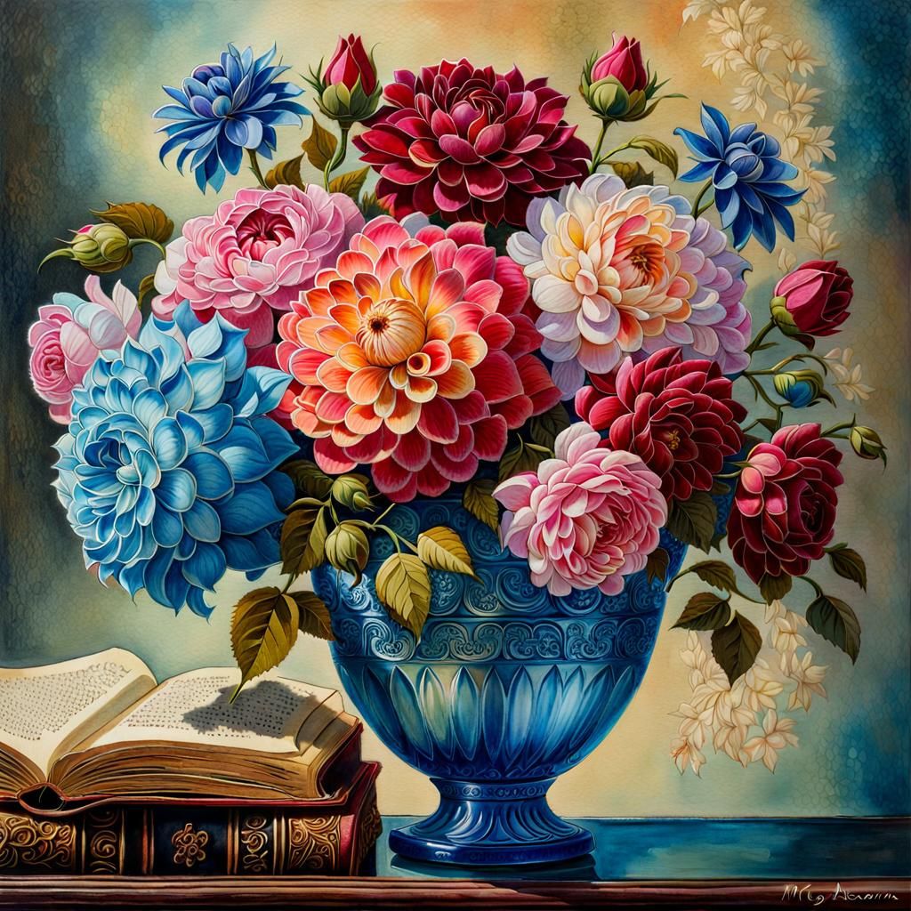 Watercolor Roses and Dahlias in Antique Vase