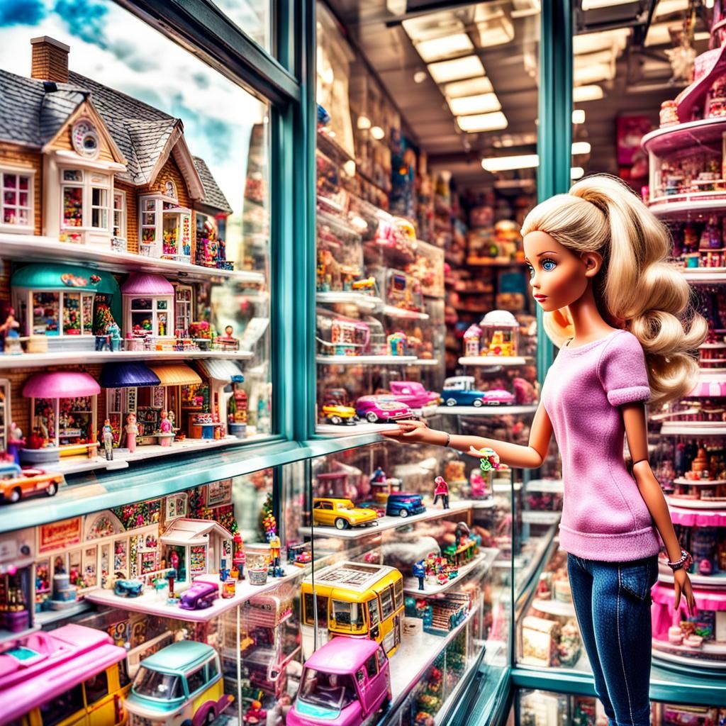 Dreamy Girl Gazing at Toy Shop Window