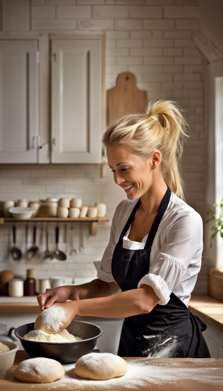 Blonde Woman Kneading Dough in Kitchen, Professional Portrai...