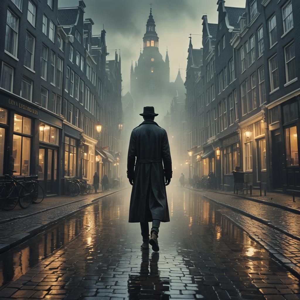 Mystical Figure Walks Misty Amsterdam Street