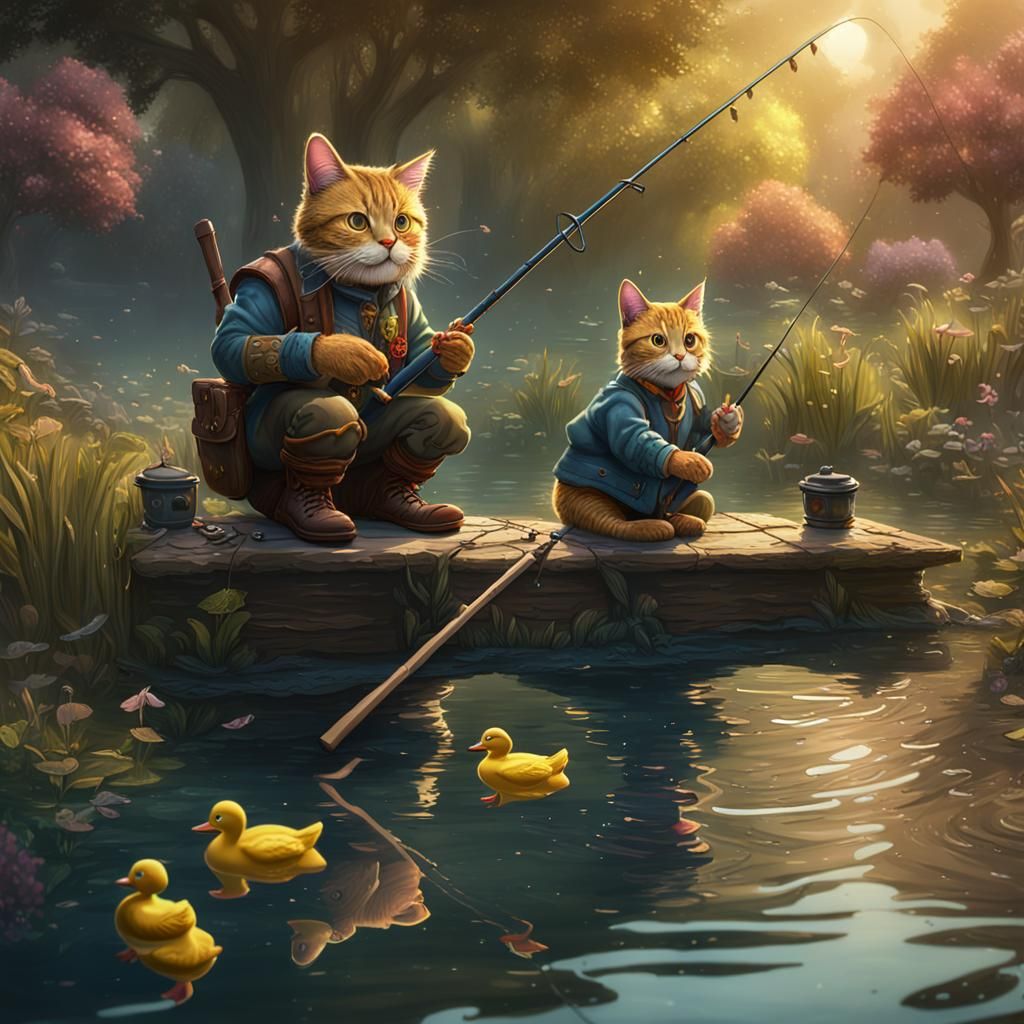 Father Cat and Son Fishing: Fantasy Concept Art