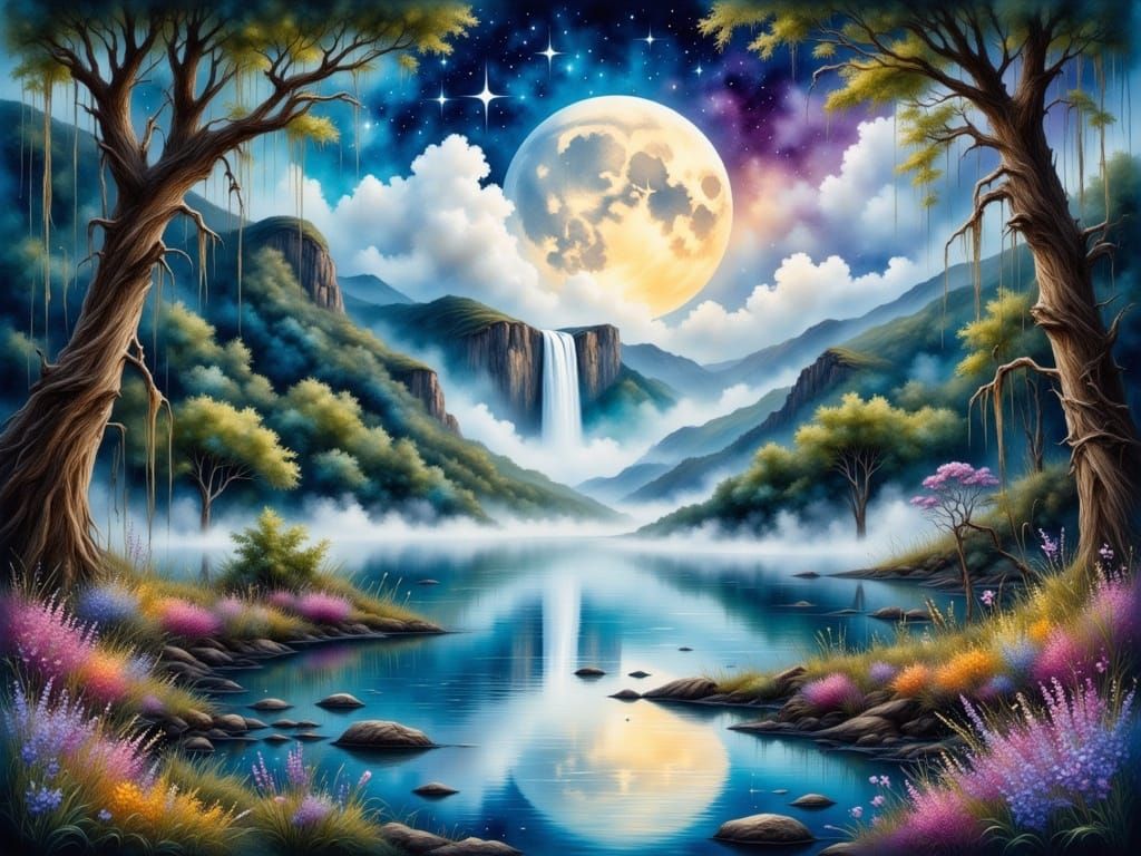 Ethereal Moonlit Waterfall in Vibrant Watercolor