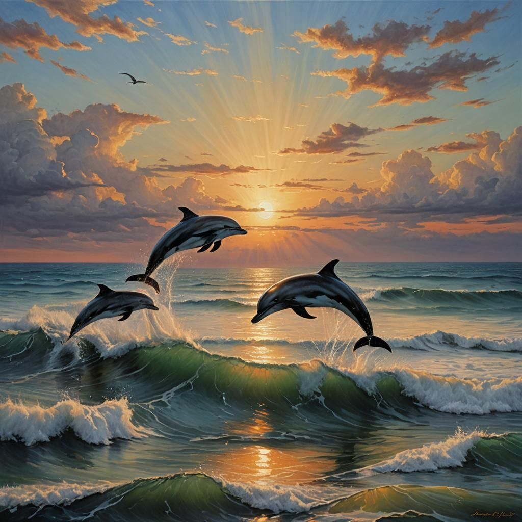 Ocean Sunset with Dolphins in Oil Painting Style