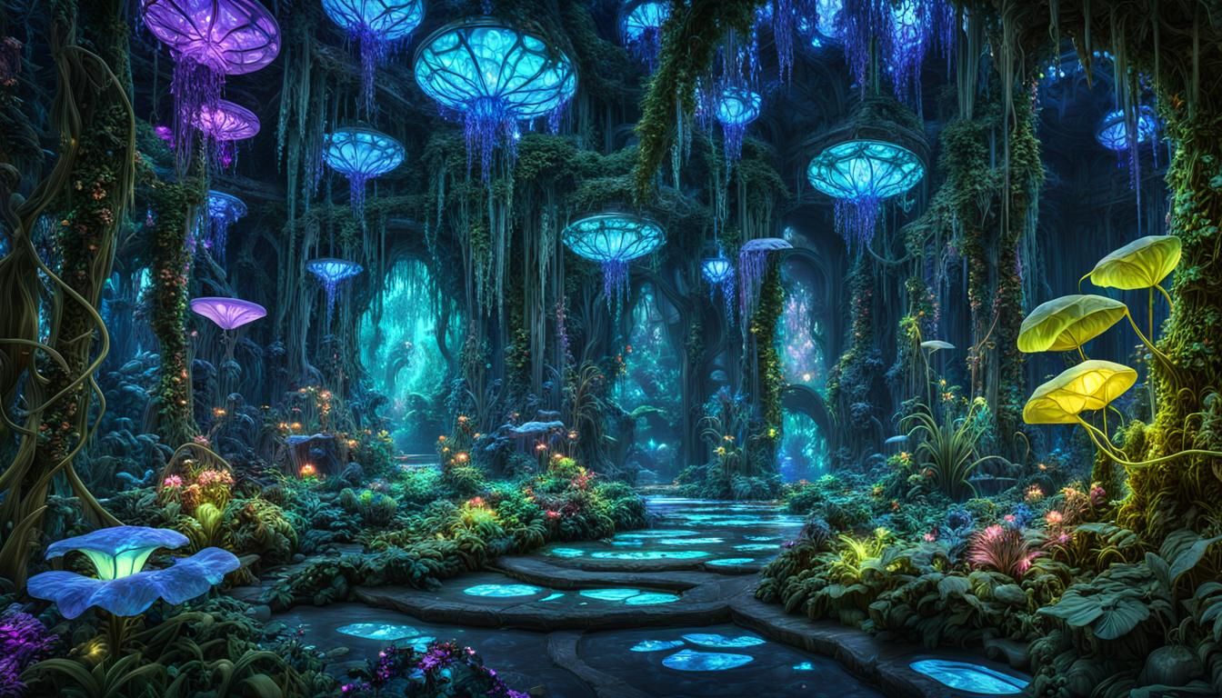 Hyperdetailed photograph elaborate beautiful fairycore glowing architectural bioluminescent foliage floral flowers every...