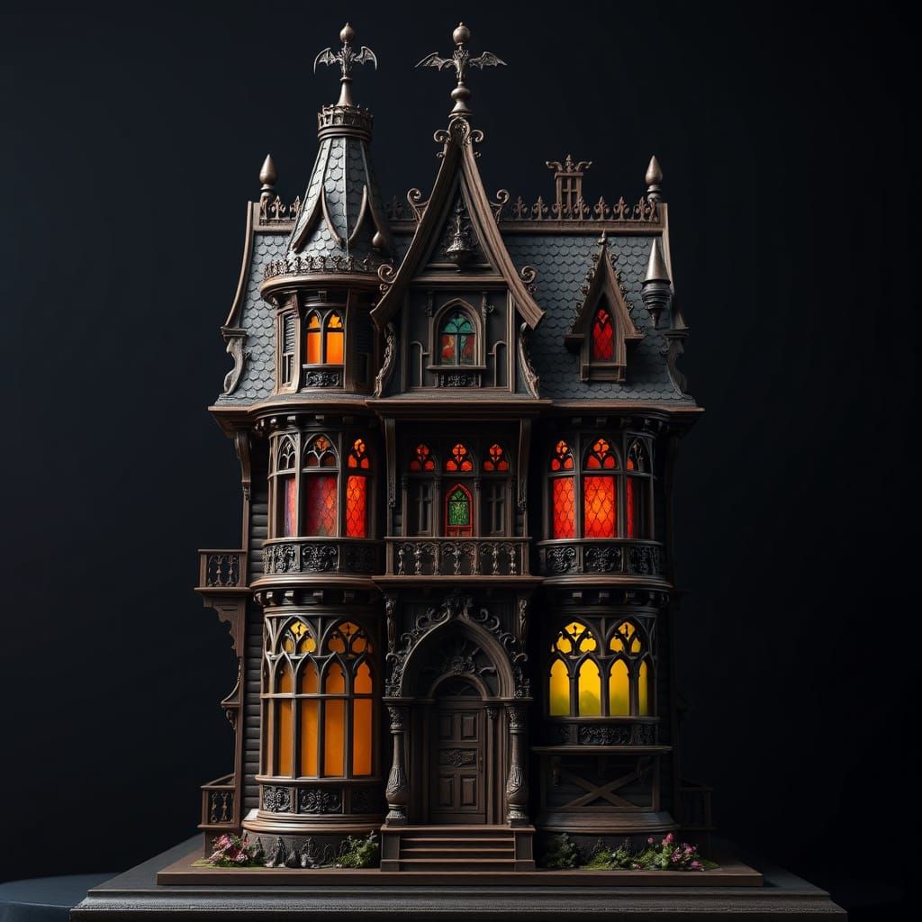 Gothic Victorian Dollhouse Facade in Dark Fantasy Style