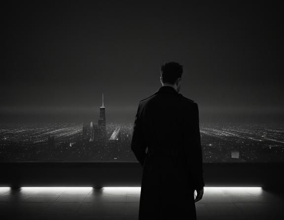Noir Chicago Cityscape with Figure in Trench Coat
