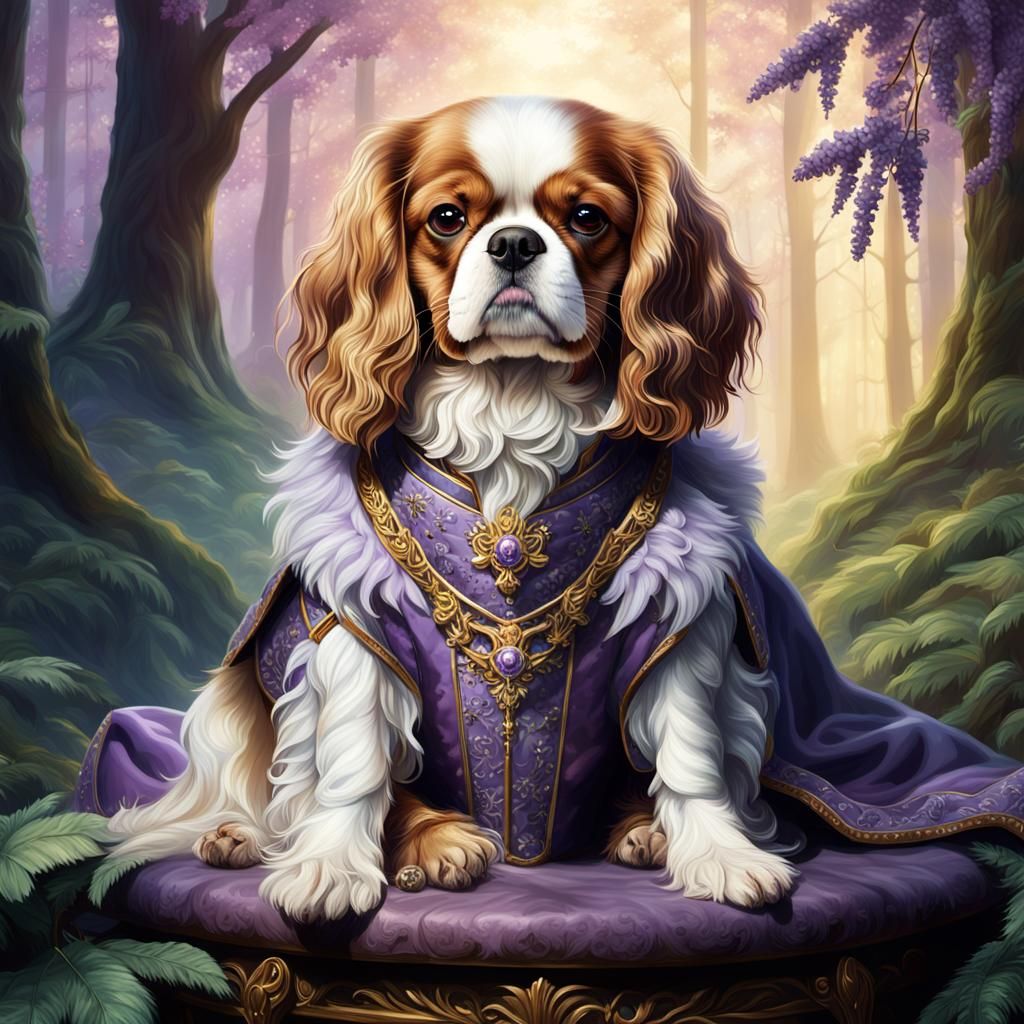 Regal Spaniel on Forest Throne: Fantasy Art