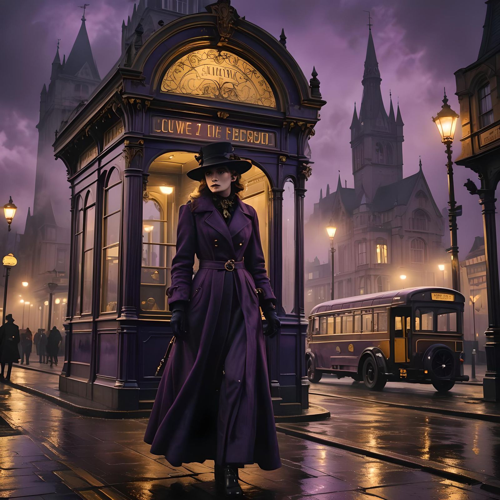 Woman at Retro Bus Stop: Dark Fantasy Art