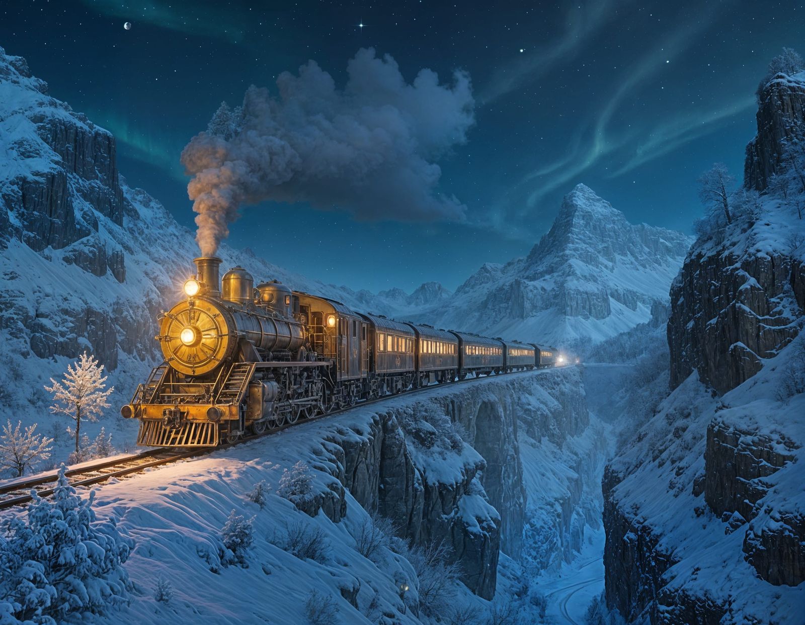 Golden Steam Train on Snowy Cliff Amidst Aurora