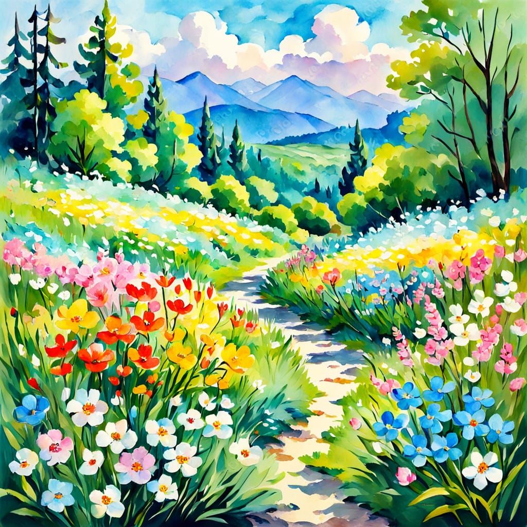 Vibrant Springtime Masterpiece in Impressionist Gouache