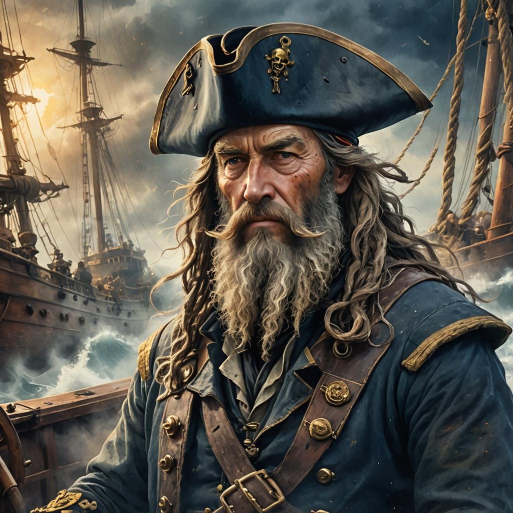 Weathered Pirate Captain at the Helm, Matte Painting