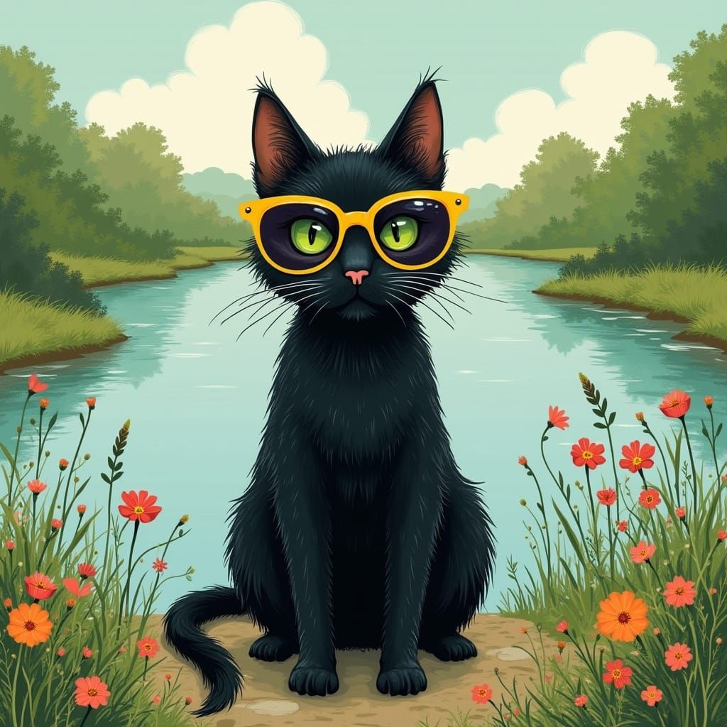 Whimsical Cat in Sunglasses by Tranquil Riverside