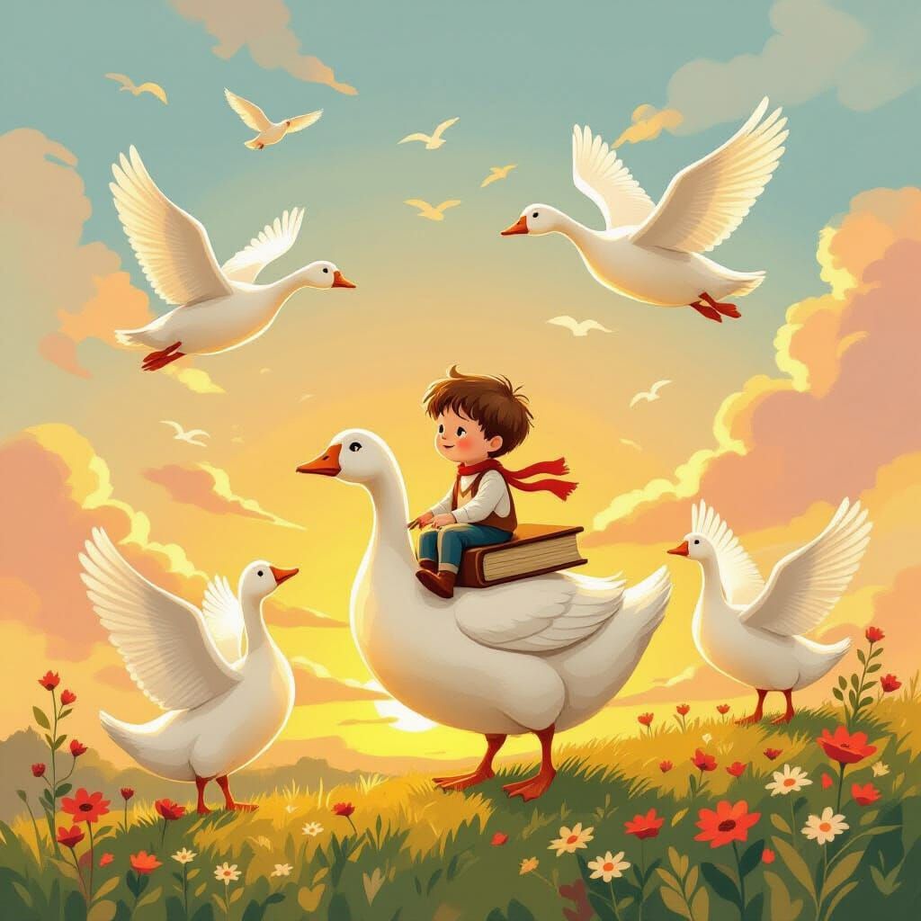 Boy Rides Goose Through Sunset Sky in Storybook Style