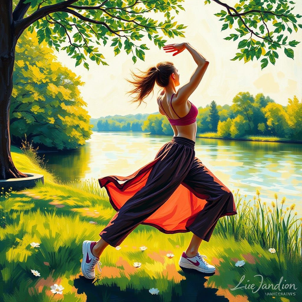 Neo-Impressionist River Landscape with Active Figure