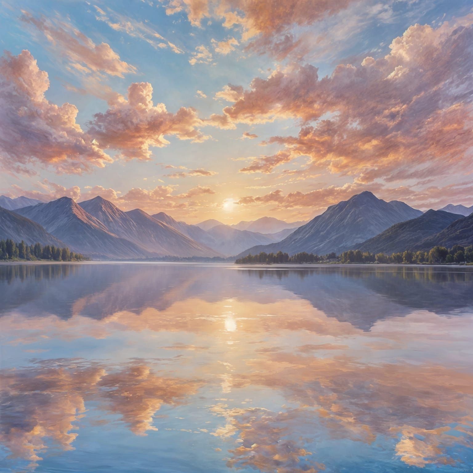 Still Lake Reflecting Sunrise in Mountainscape Oil Painting