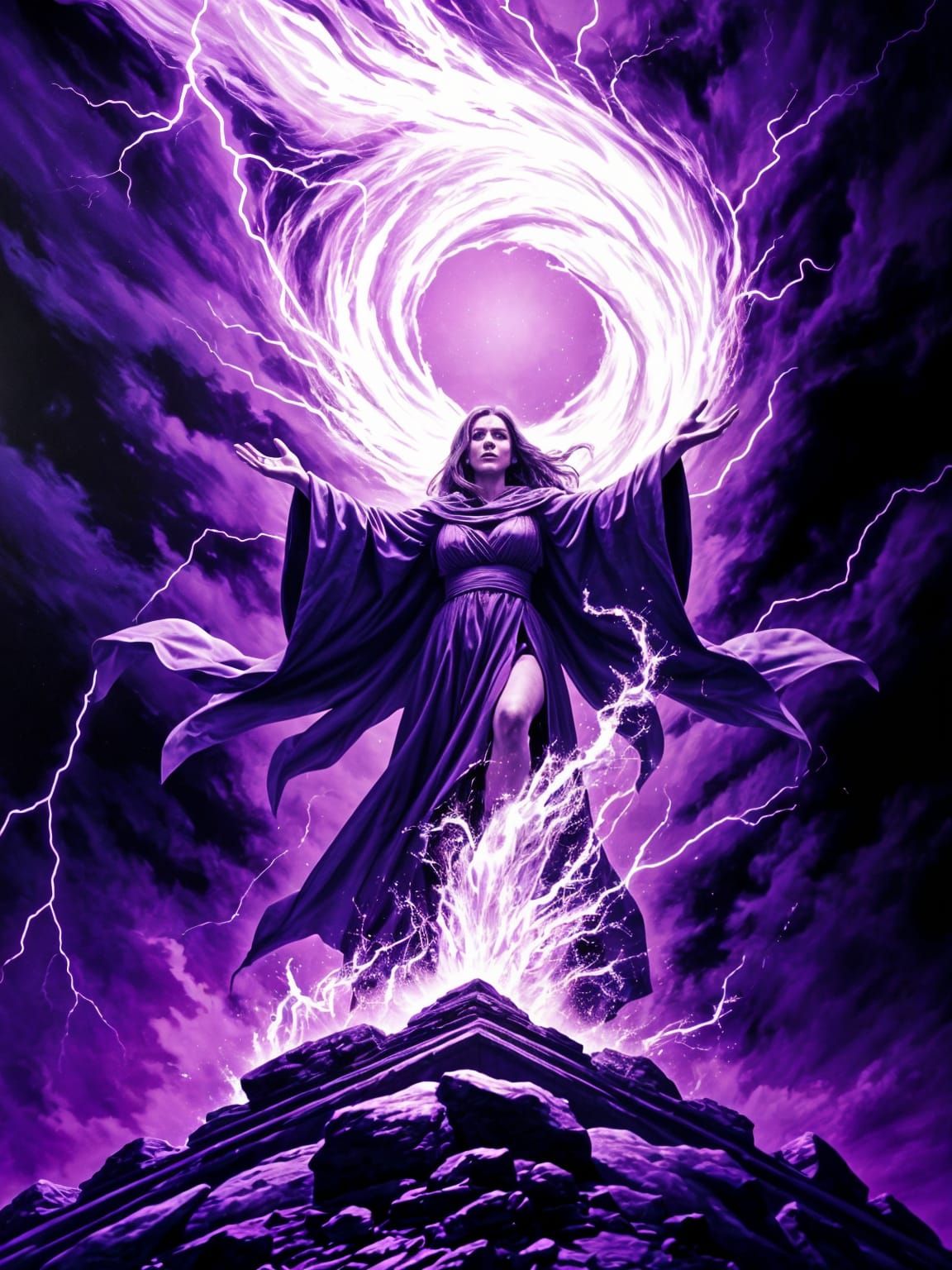 Monochrome Sorceress Casting a Cataclysmic Spell