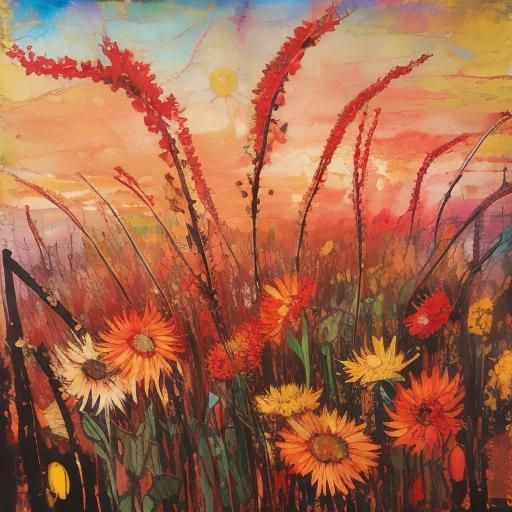 Encaustic Spring Sunset Landscape in Impasto Style